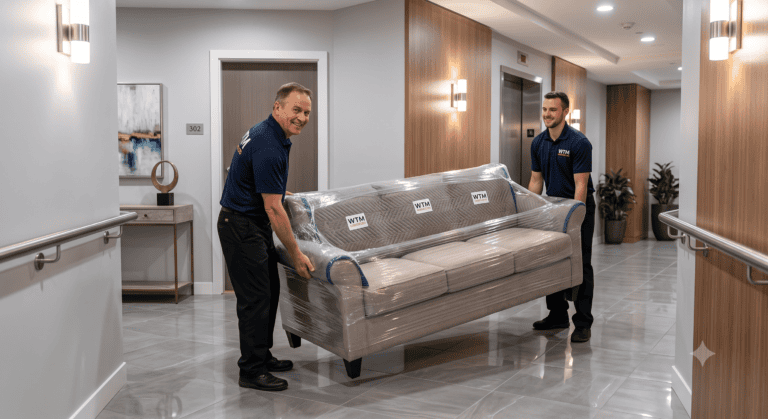 Professional local movers safely maneuvering a large mattress and wrapped furniture down a tight apartment building hallway.