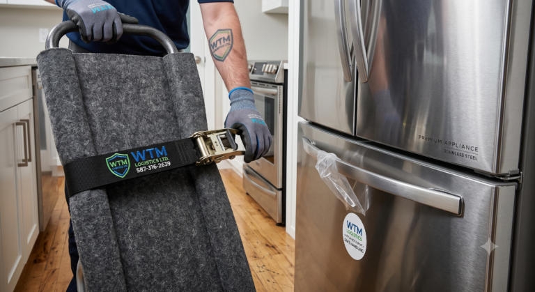 A close-up of a delivery professional using a heavy-duty hand truck and safety straps to carefully move a brand new stainless steel refrigerator.