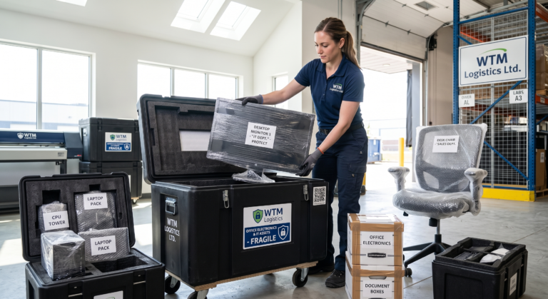 A worker safely packing desktop computers and office electronics into a secure, padded moving bin inside a modern local workspace.
