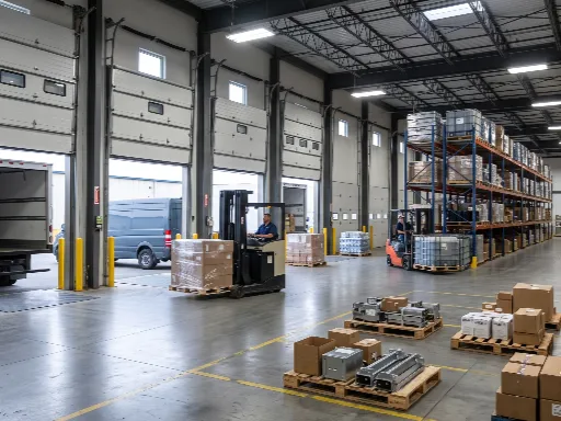 Active logistics cross-dock facility in Alberta showing forklifts loading commercial freight and palletized goods into regional delivery box trucks and cargo vans at open bay doors.