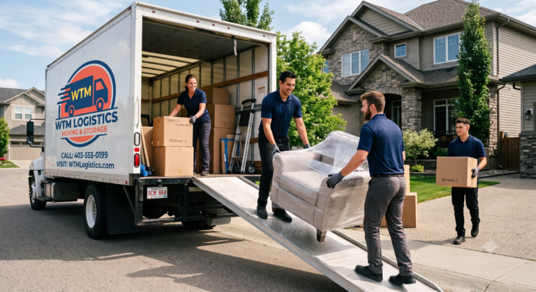 A clean, professional WTM Logistics moving crew carefully loading a family's household furniture into a spacious, modern moving truck in a quiet residential neighborhood.