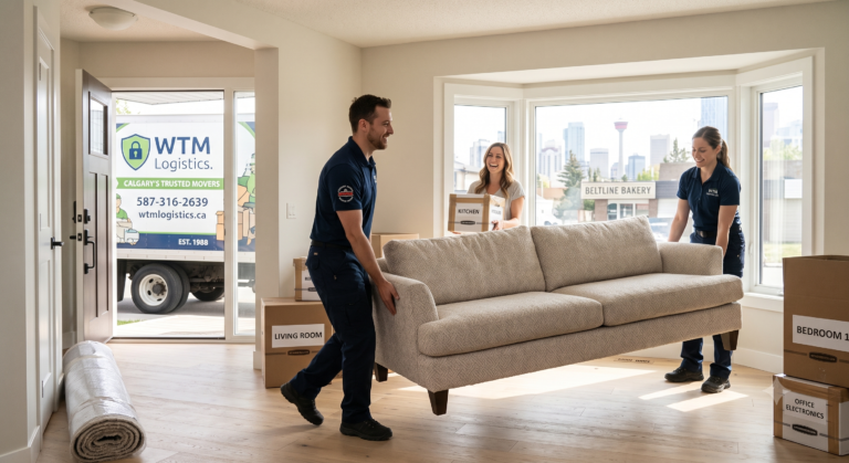 Two friendly, uniformed moving team members carefully carrying a modern wrapped sofa into a bright, beautifully lit living room.