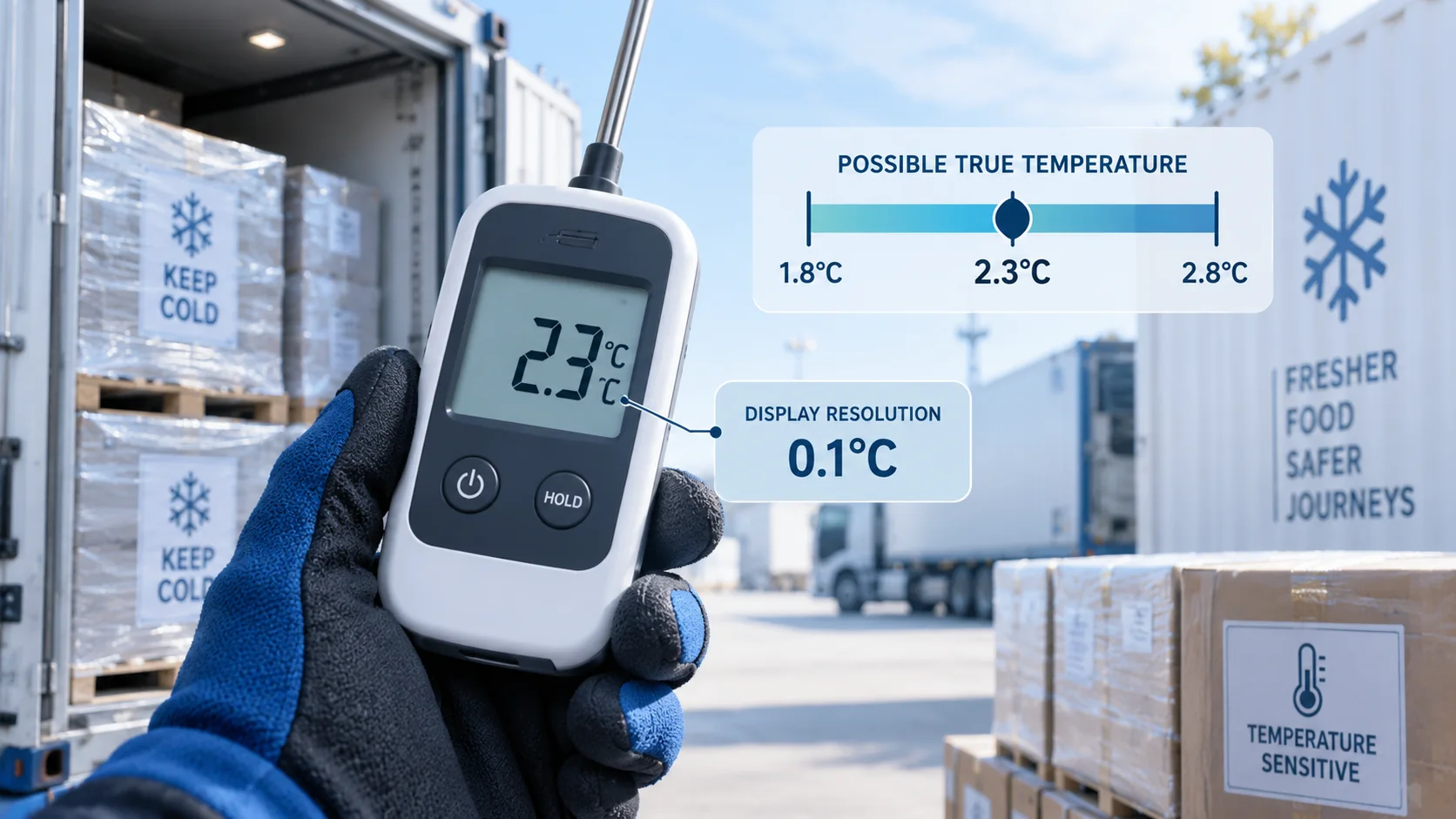 Digital thermometer displaying 2.3 degrees Celsius alongside a 0.1-degree resolution label and an illustrative 1.8 to 2.8-degree range.