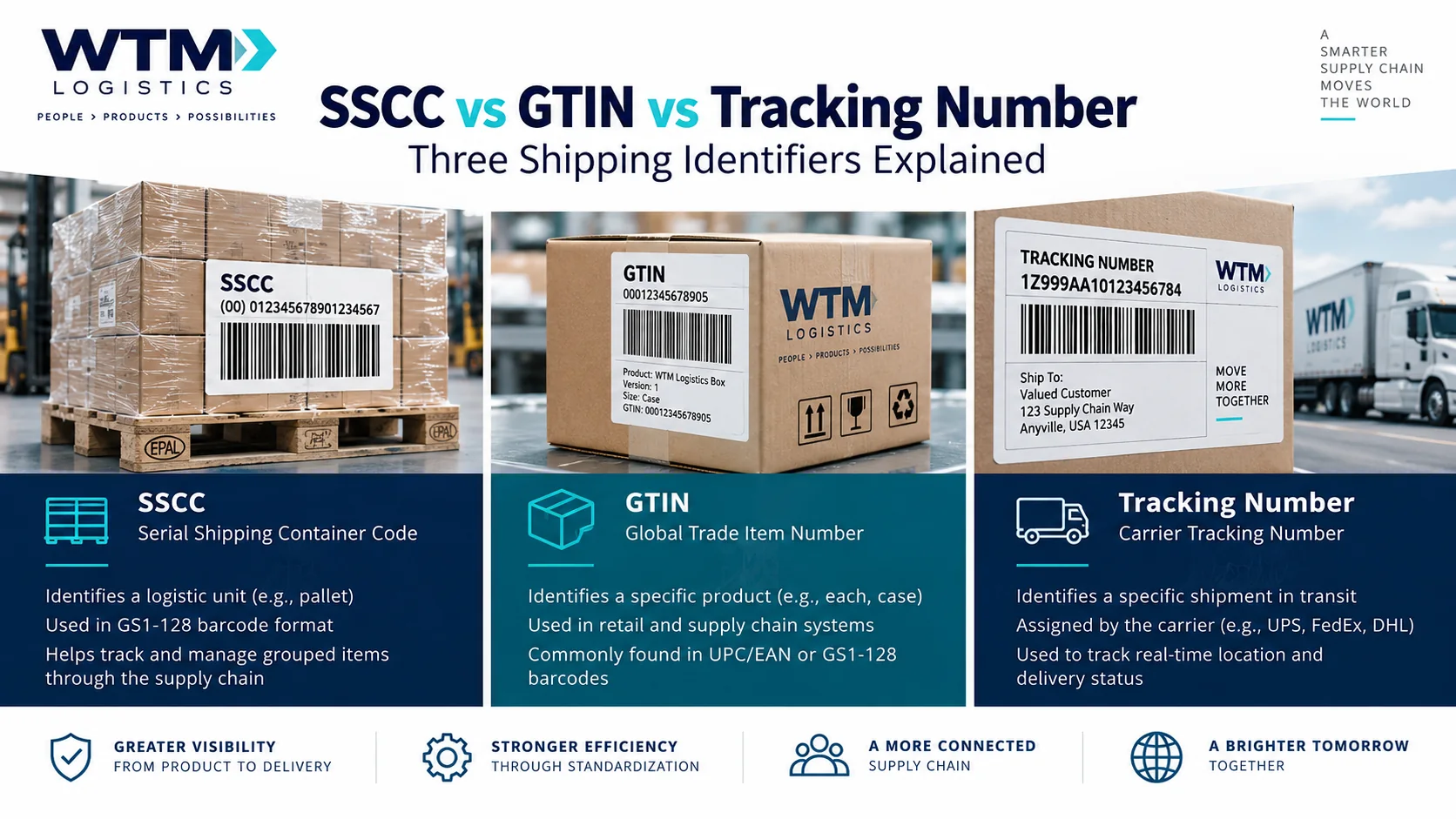 Pallet label, product label and parcel label illustrating SSCC, GTIN and carrier tracking identifiers.