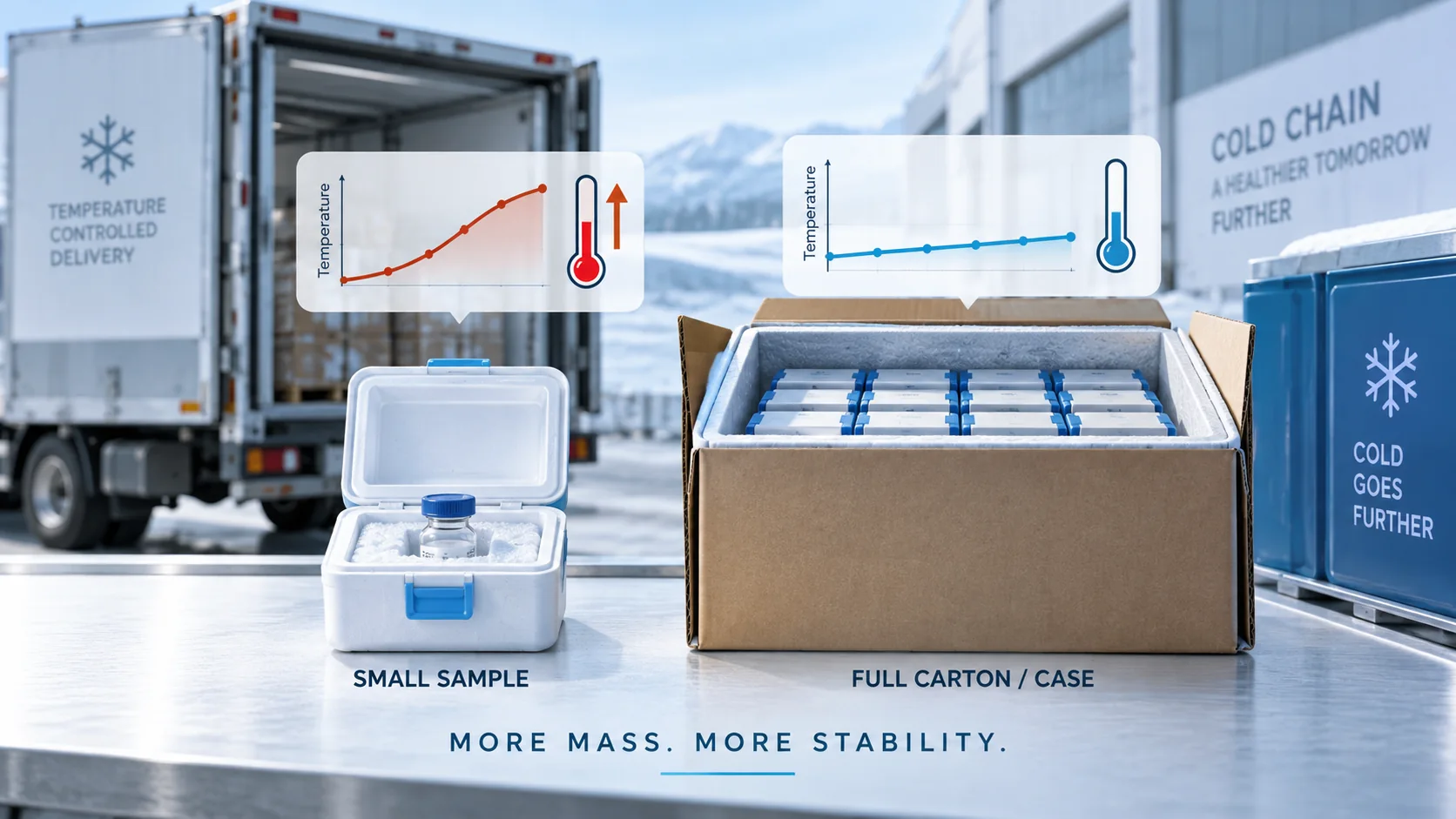 Small insulated sample container beside a full shipping case, with conceptual temperature-response curves.