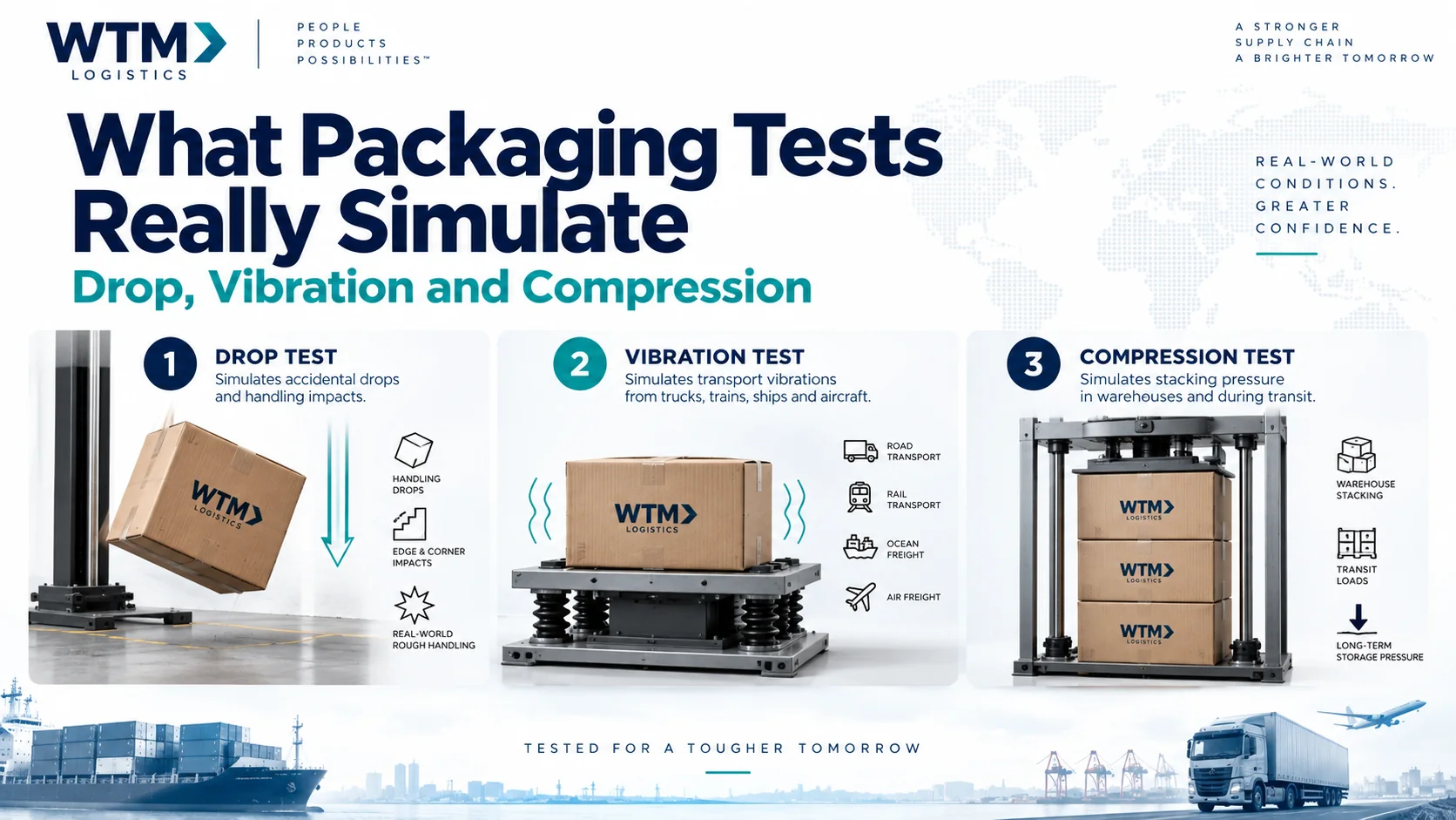 Three conceptual stations illustrating package drop, transport vibration and stacking compression tests.