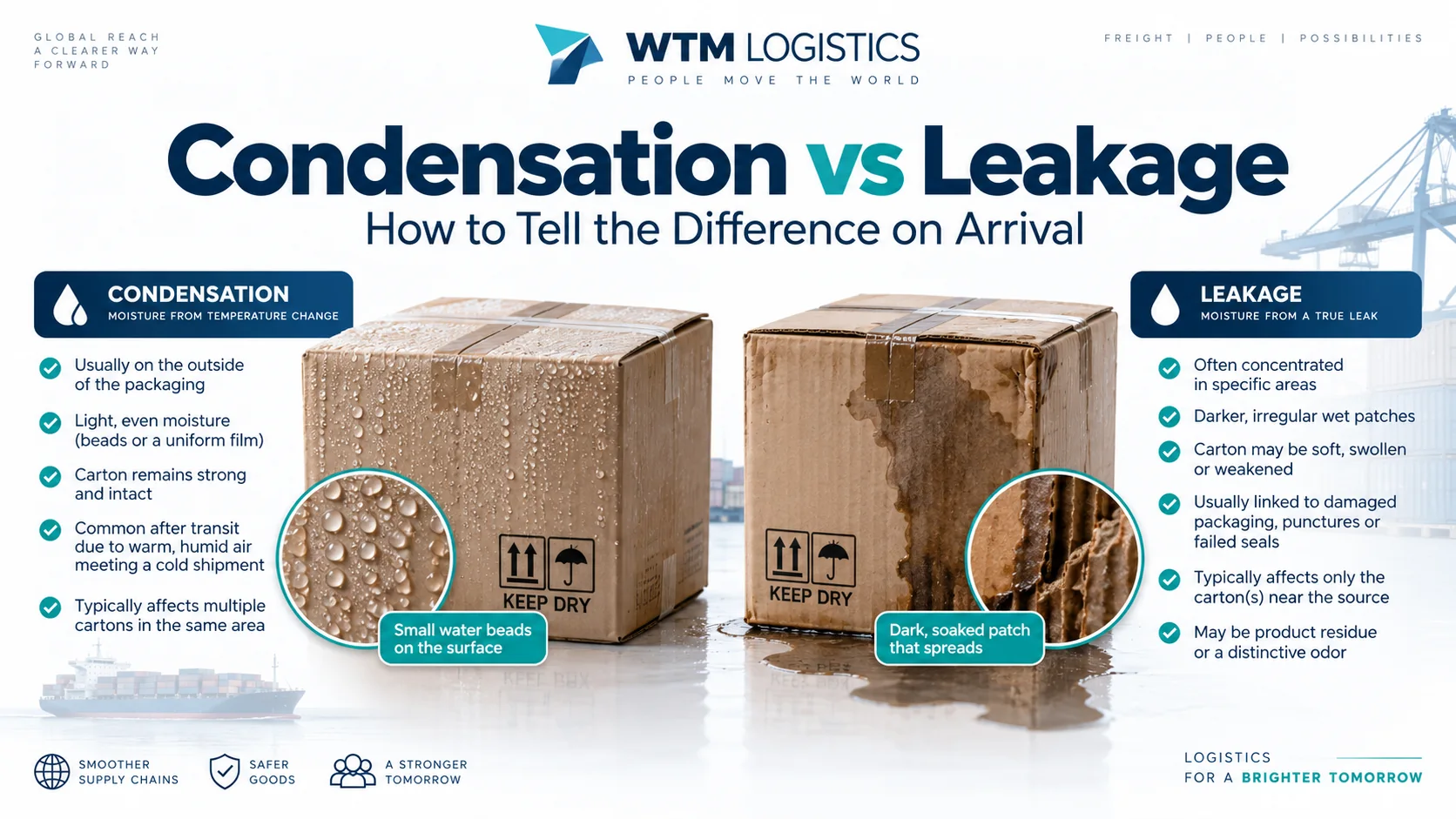 Two cartons showing surface moisture and concentrated wet damage, with enlarged detail views.