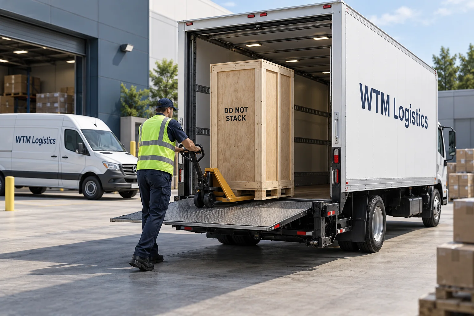 Illustration of an upright cabinet crate marked DO NOT STACK on a WTM straight truck tailgate.