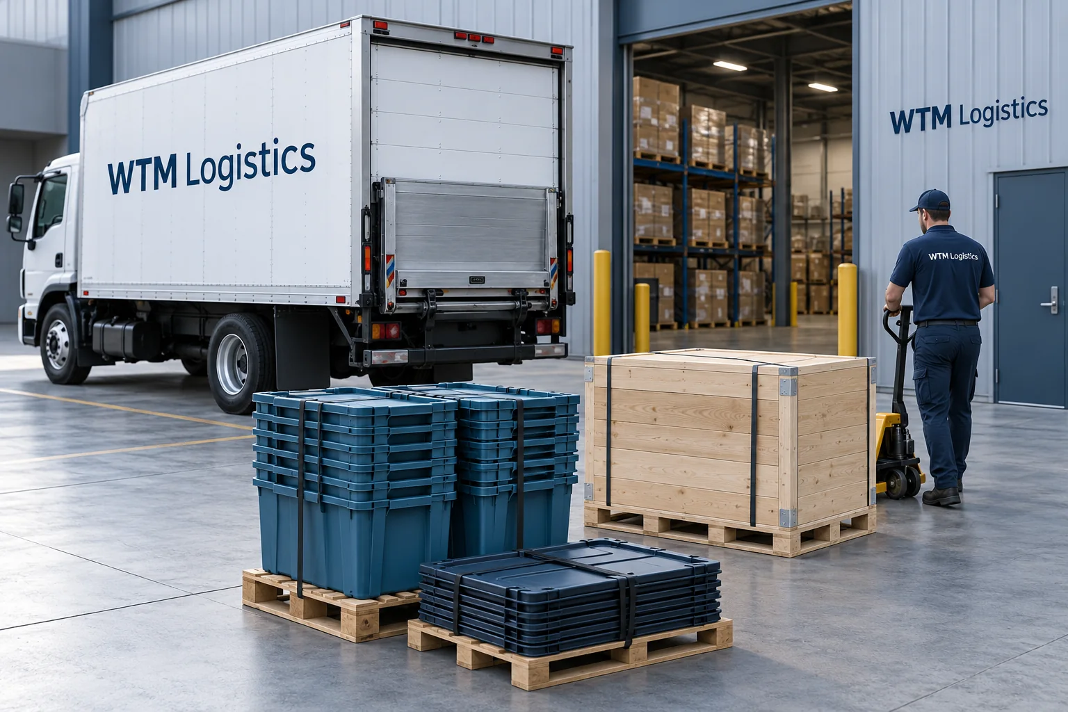 Illustration of secured nested totes, bundled lids and a reusable crate prepared for return freight.