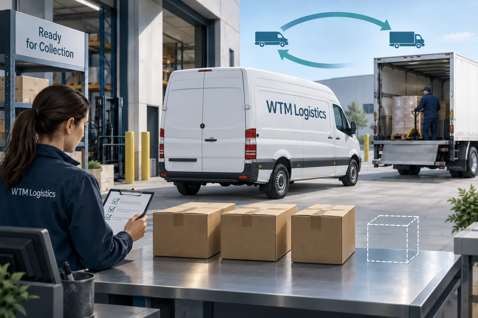 Illustration of confirmed ready backorder cartons, a checklist and WTM enclosed delivery vehicles.