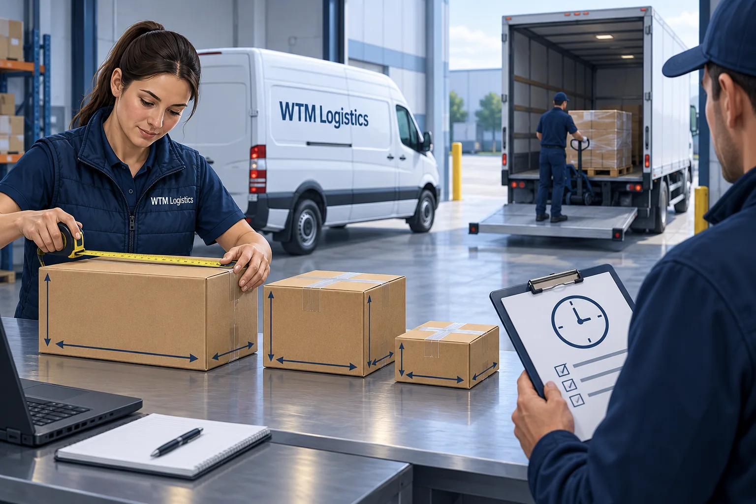 Illustration of package measurements and receiving-time checks for a complete courier quotation.