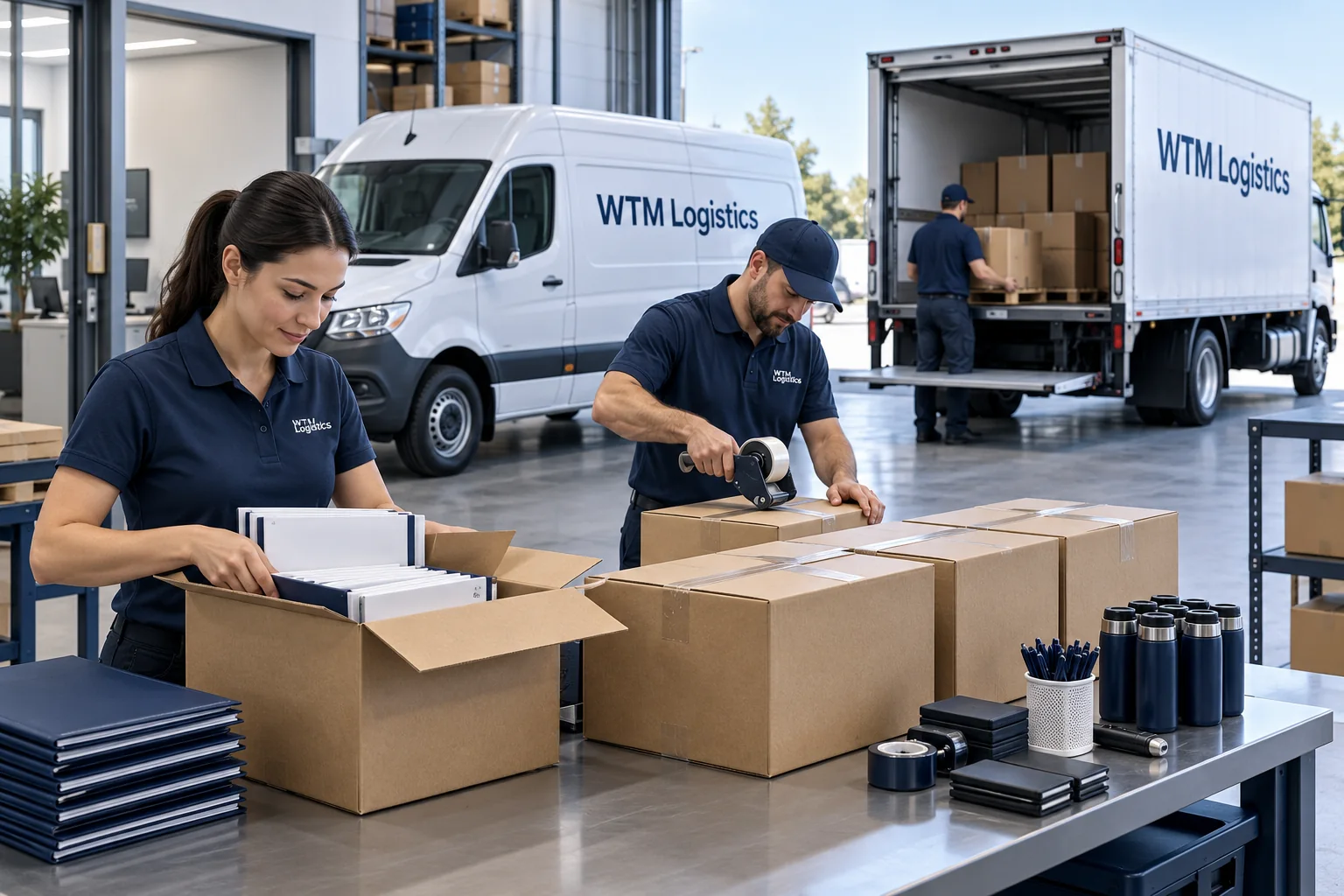 Illustration of crew folders and small work accessories being grouped into transport cartons beside WTM vehicles.