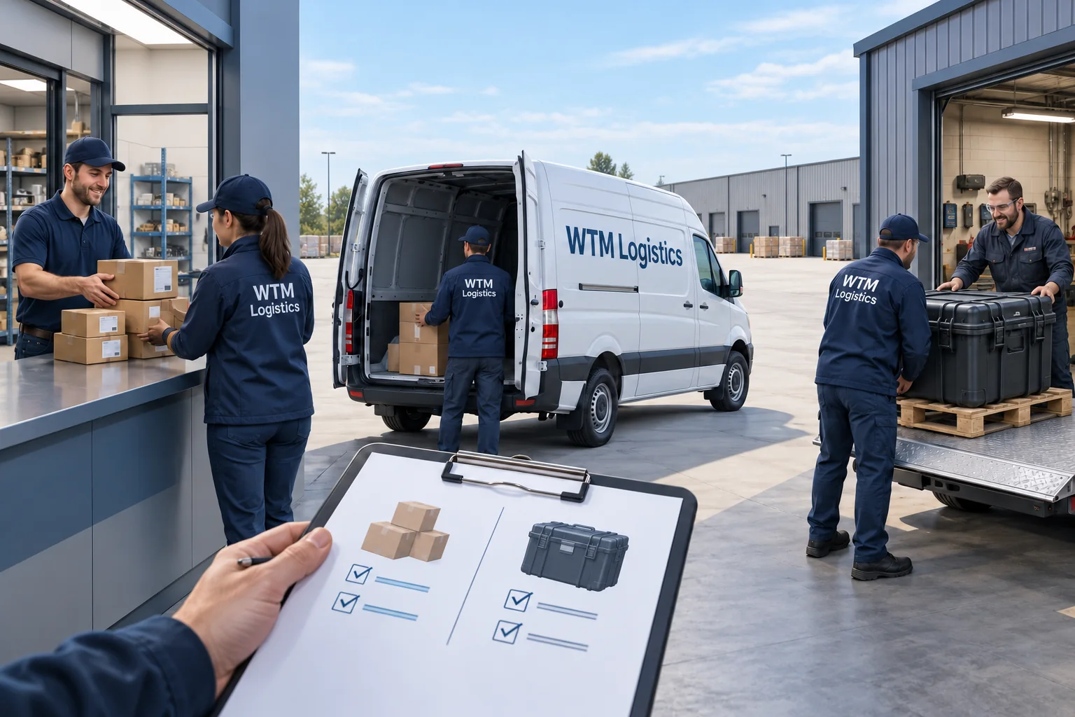Illustration comparing boxed-parts collection at a counter with a protected case pickup beside a WTM van.