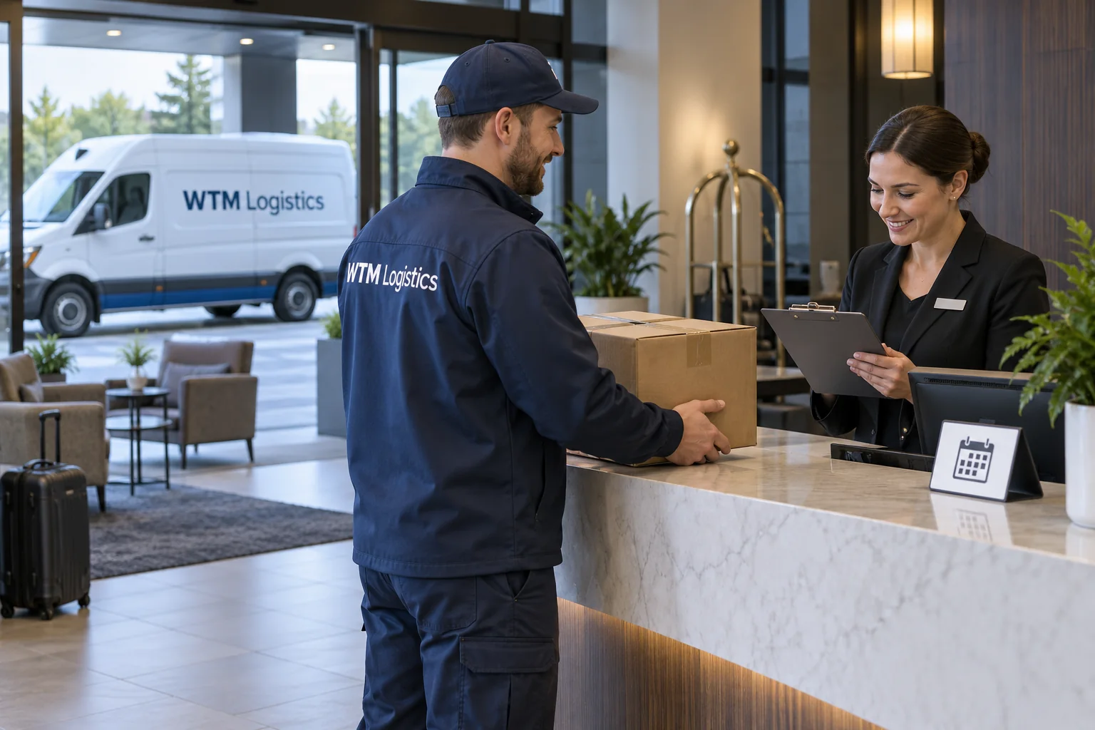Illustration of a WTM courier and receptionist checking a guest parcel handoff with a receiving calendar.