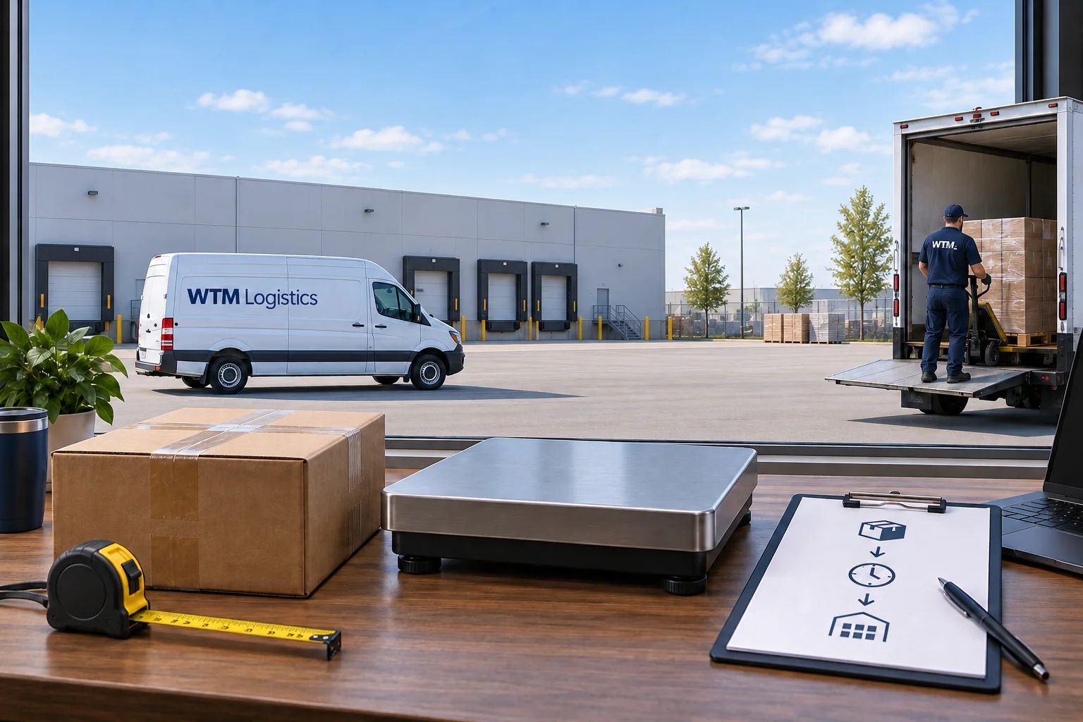 Illustration of a parcel, measuring tape, scale and service checklist for comparing a complete courier quote.