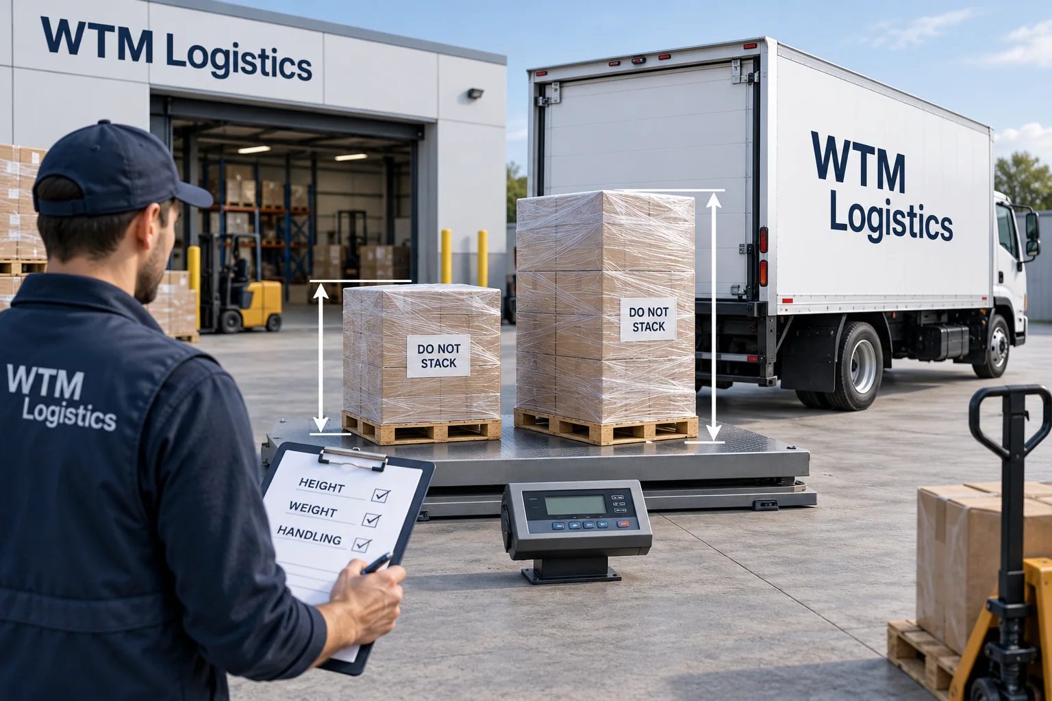 Illustration comparing wrapped pallets of different heights with weight and handling checks for an LTL quote.