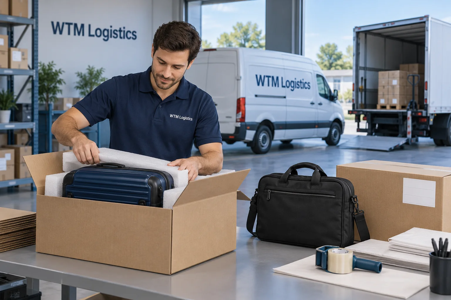 Illustration of a suitcase being cushioned in an outer carton beside a work bag and WTM enclosed van.