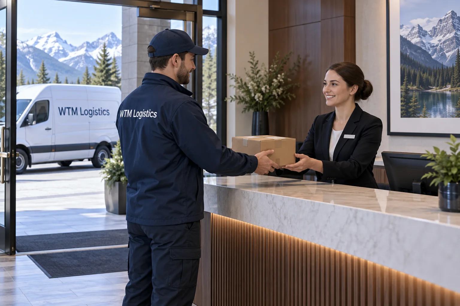 Illustration of a WTM courier handing a sealed parcel to an authorised reception desk for a Banff delivery.