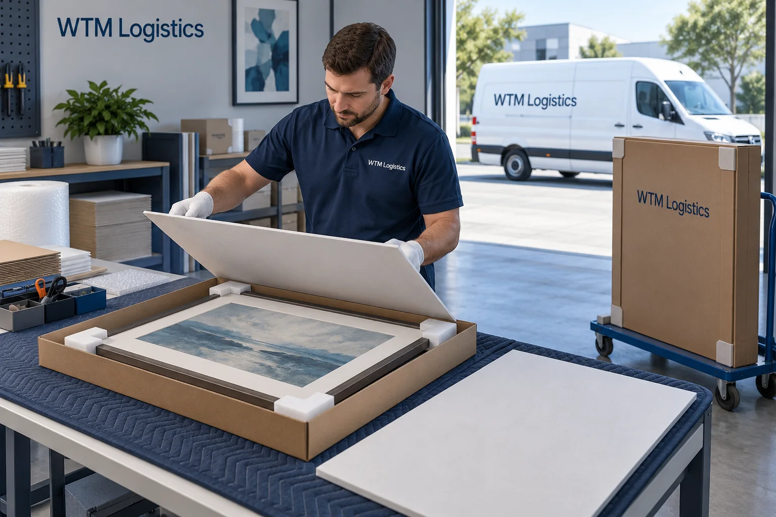 Illustration of a framed picture with corner protection, protective boards and a purpose-built shipping carton.