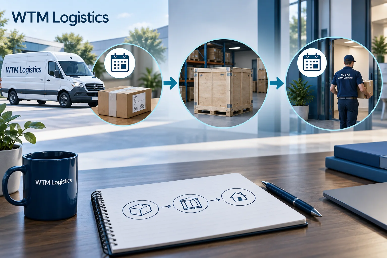 Illustration of collection, agreed interim holding and later delivery as separate courier planning stages.