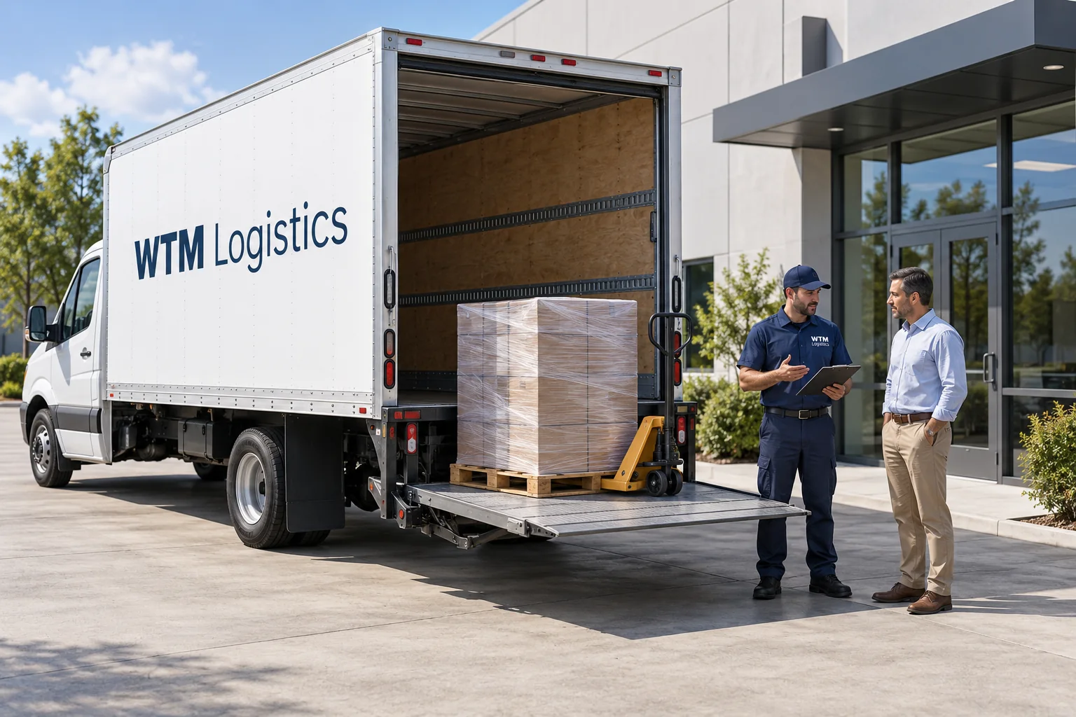 Illustration of a WTM straight truck tailgate and pallet at an agreed ground-level freight handoff.