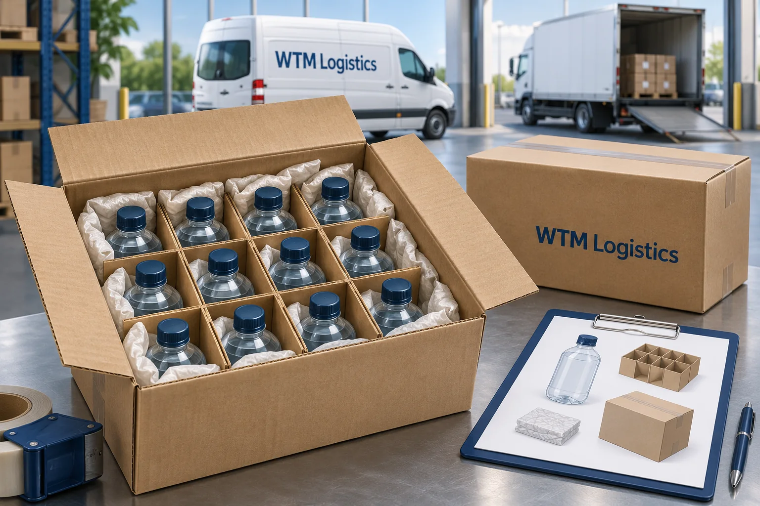 Illustration of capped liquid bottles separated by protective dividers and cushioning inside a shipping carton.