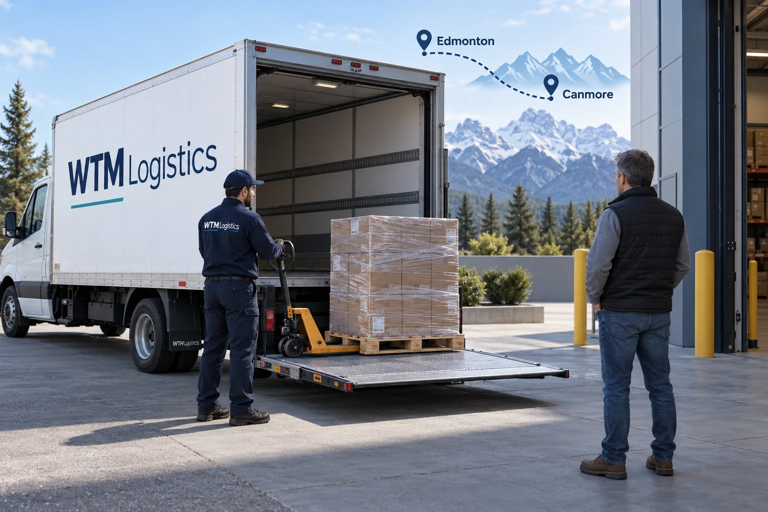 Illustration of a wrapped pallet on a WTM box truck tailgate for planned Edmonton-to-Canmore business delivery.