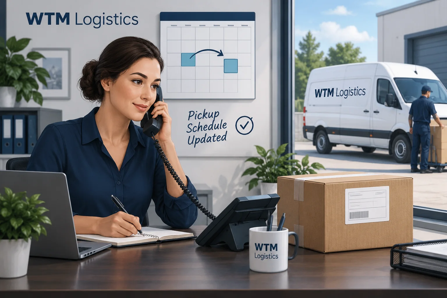 Illustration of a dispatcher confirming a courier pickup schedule change with a calendar and prepared parcel.