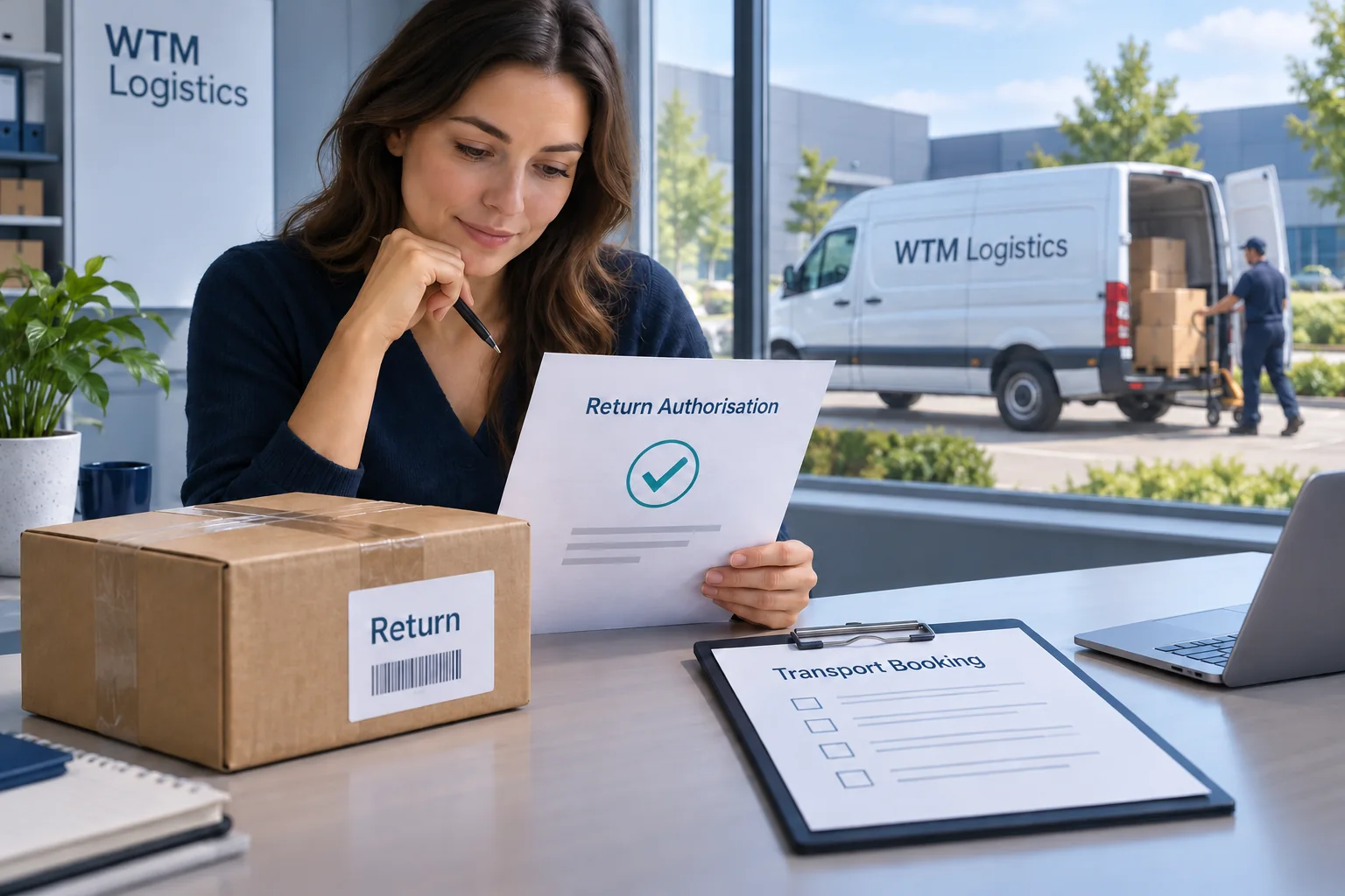 Illustration of a return parcel with retailer authorisation and a separate transport booking beside a WTM van.