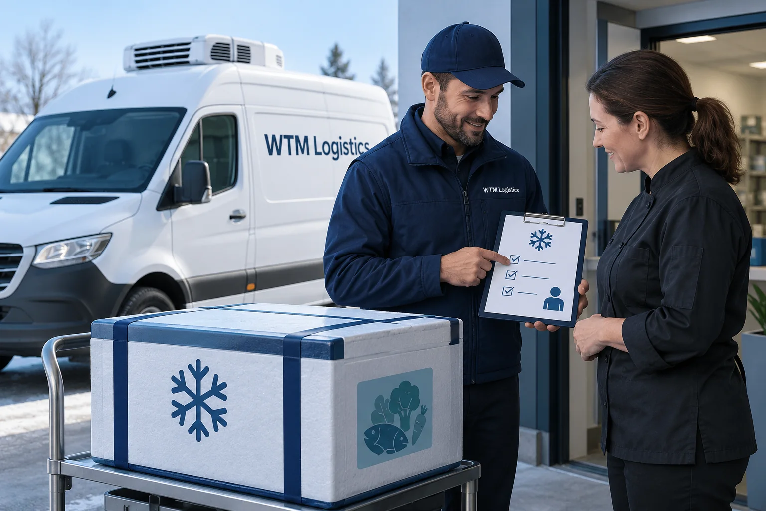 Illustration of a frozen-food parcel, cold-delivery checklist and WTM refrigerated van at a staffed handoff.