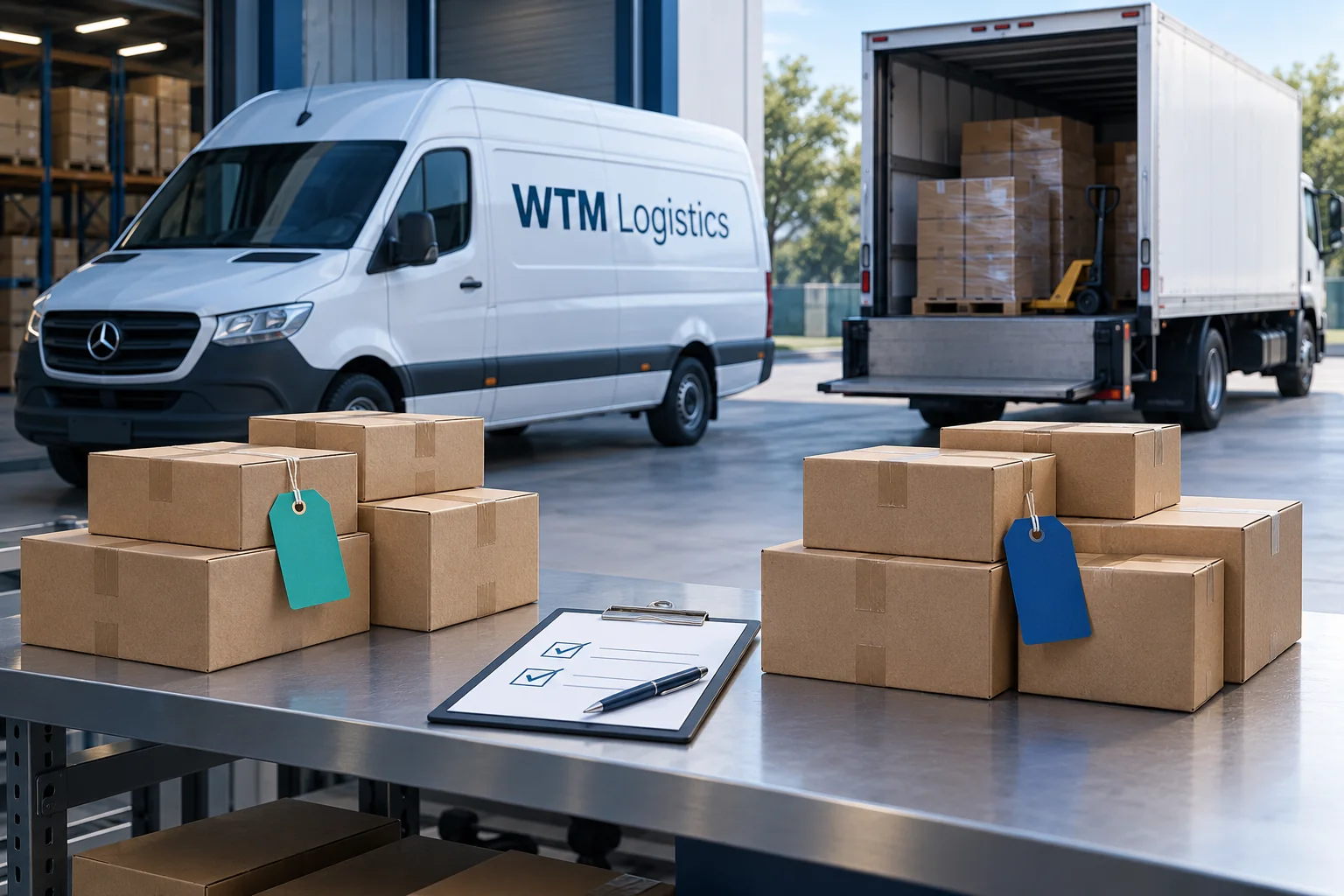 WTM cargo van beside two tagged groups of supplier cartons and a release checklist.