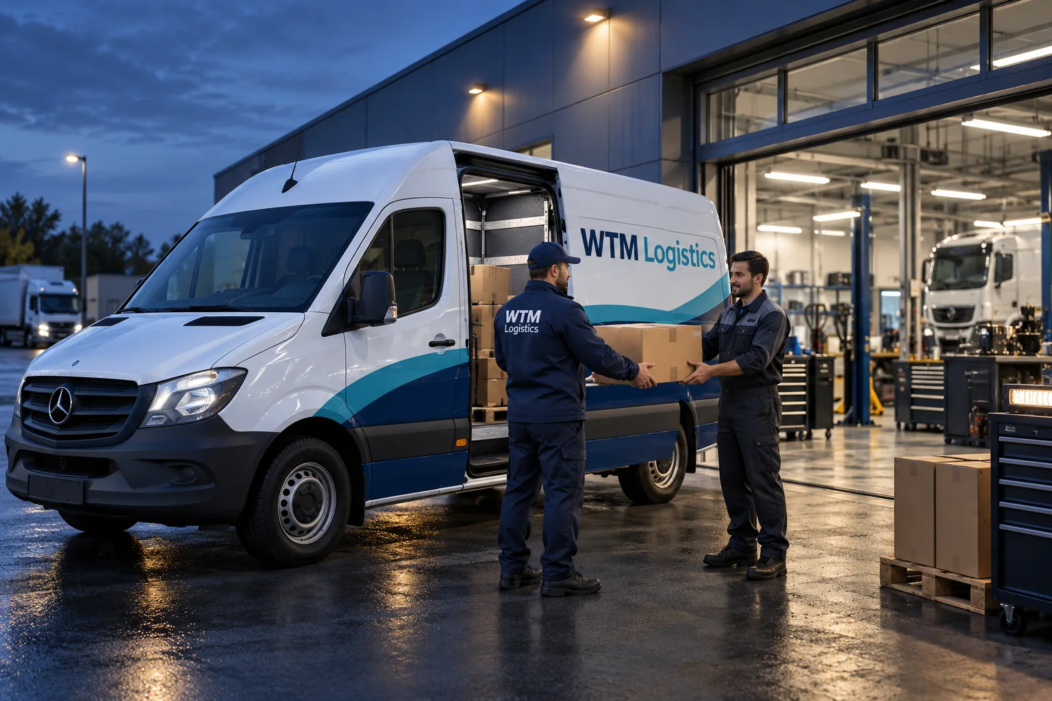 Evening handoff of a boxed fleet-repair component beside a WTM enclosed cargo van.