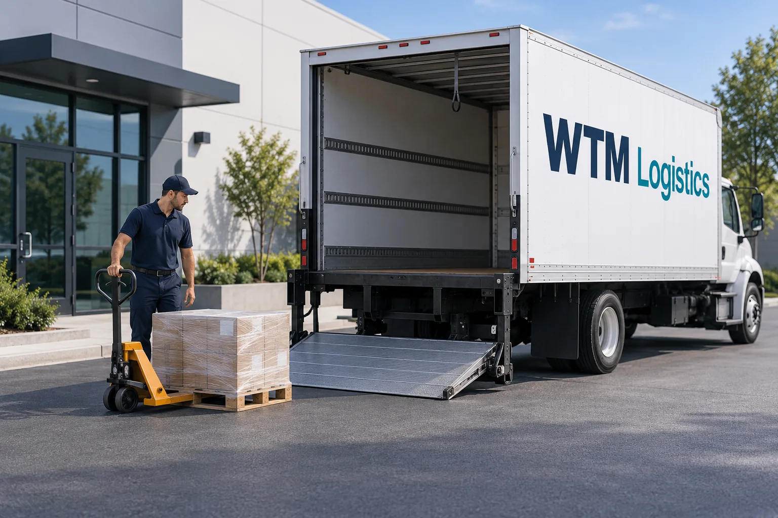 Pallet on level pavement beside a WTM straight truck with its rear tailgate lowered.