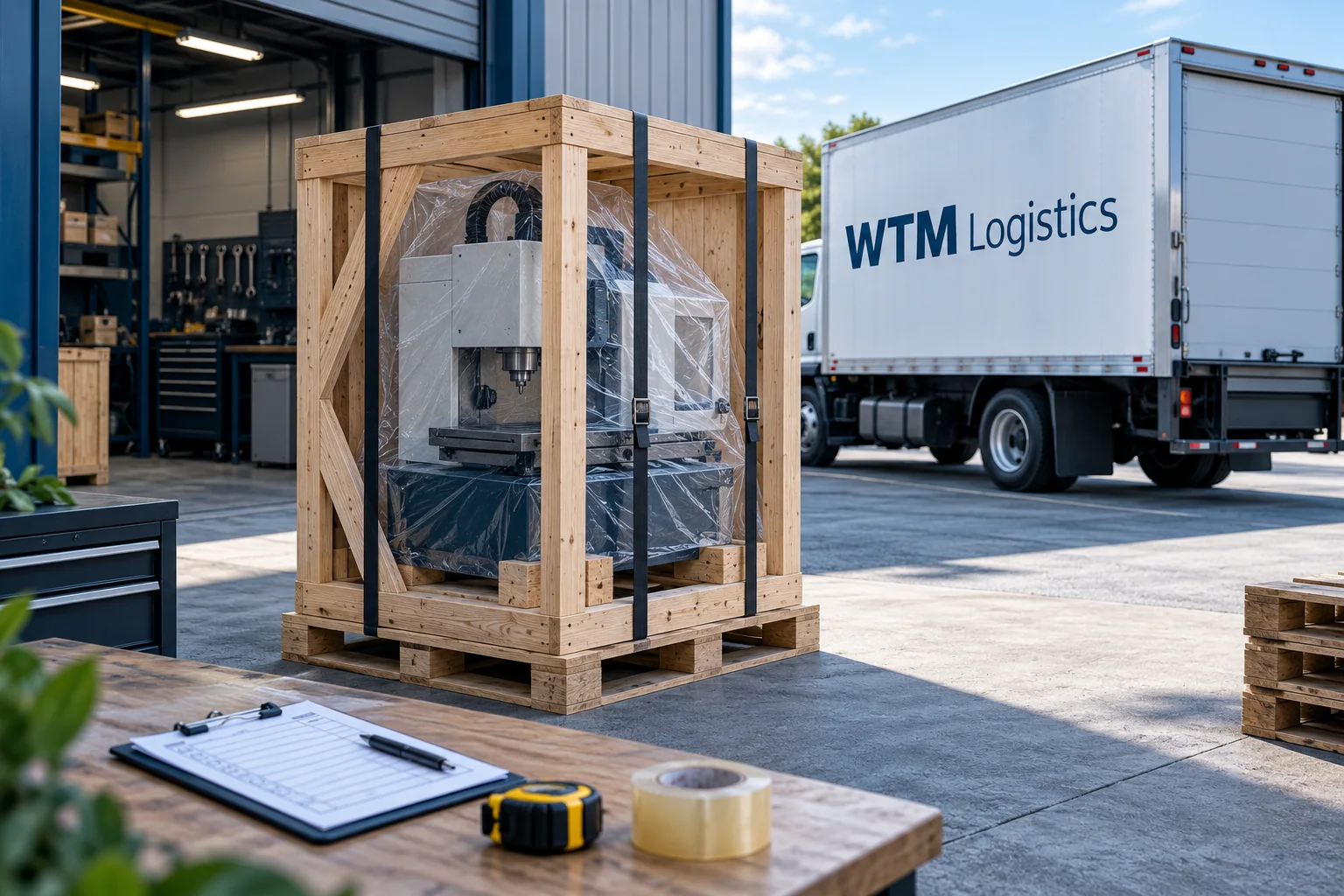 Protected bench machine in a wooden shipping frame beside a WTM enclosed straight truck.