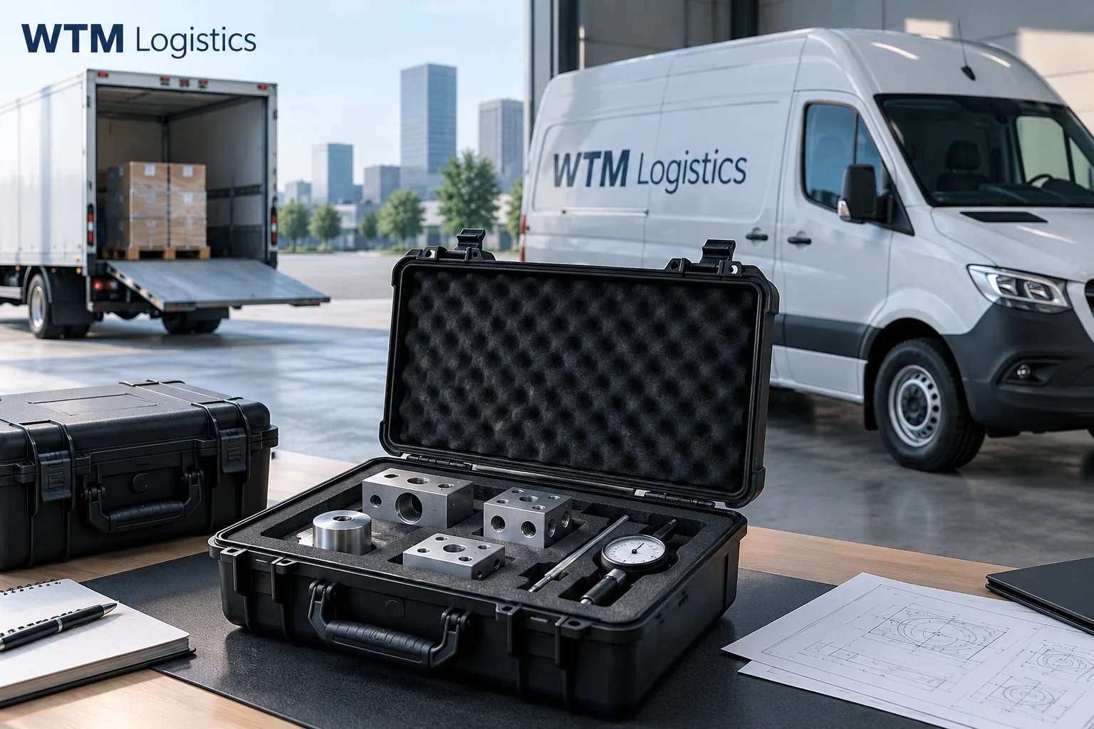 Foam-lined case holding prototype parts and a gauge beside a WTM enclosed cargo van.
