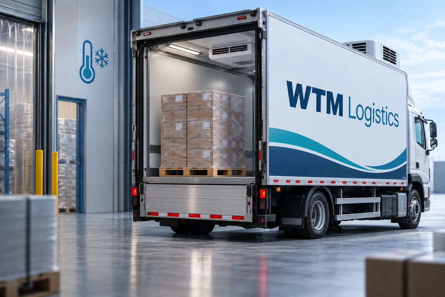 Wrapped chilled pallet inside a WTM refrigerated straight truck at a cold receiving area.