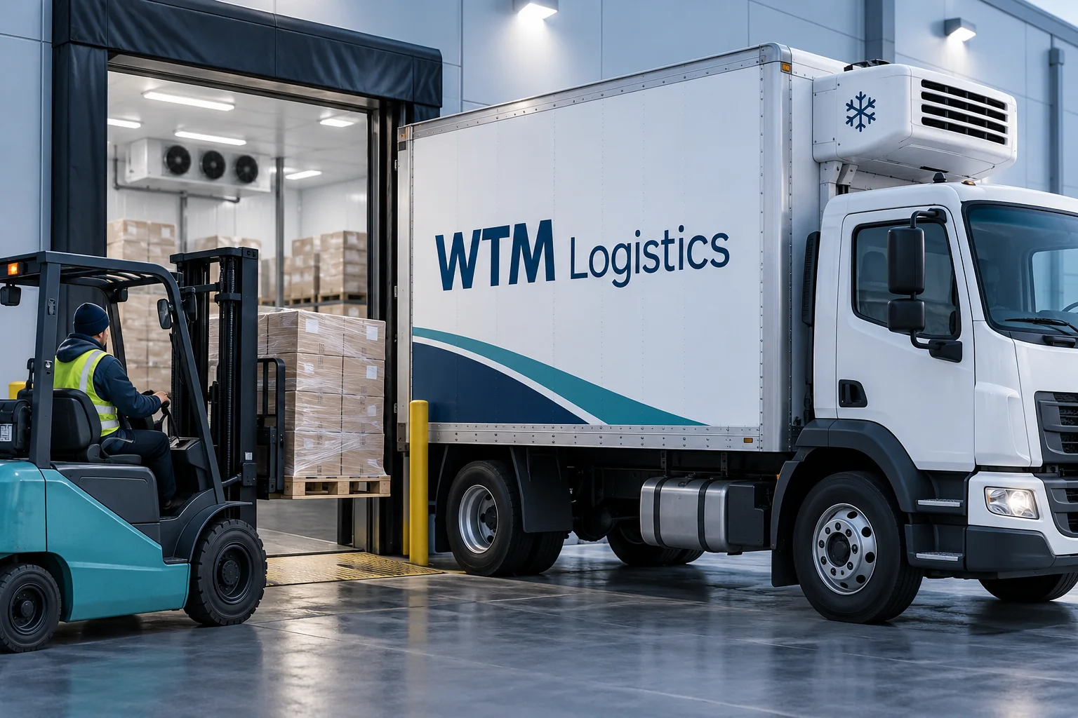 Wrapped food cartons at a cold loading area beside a WTM refrigerated straight truck.