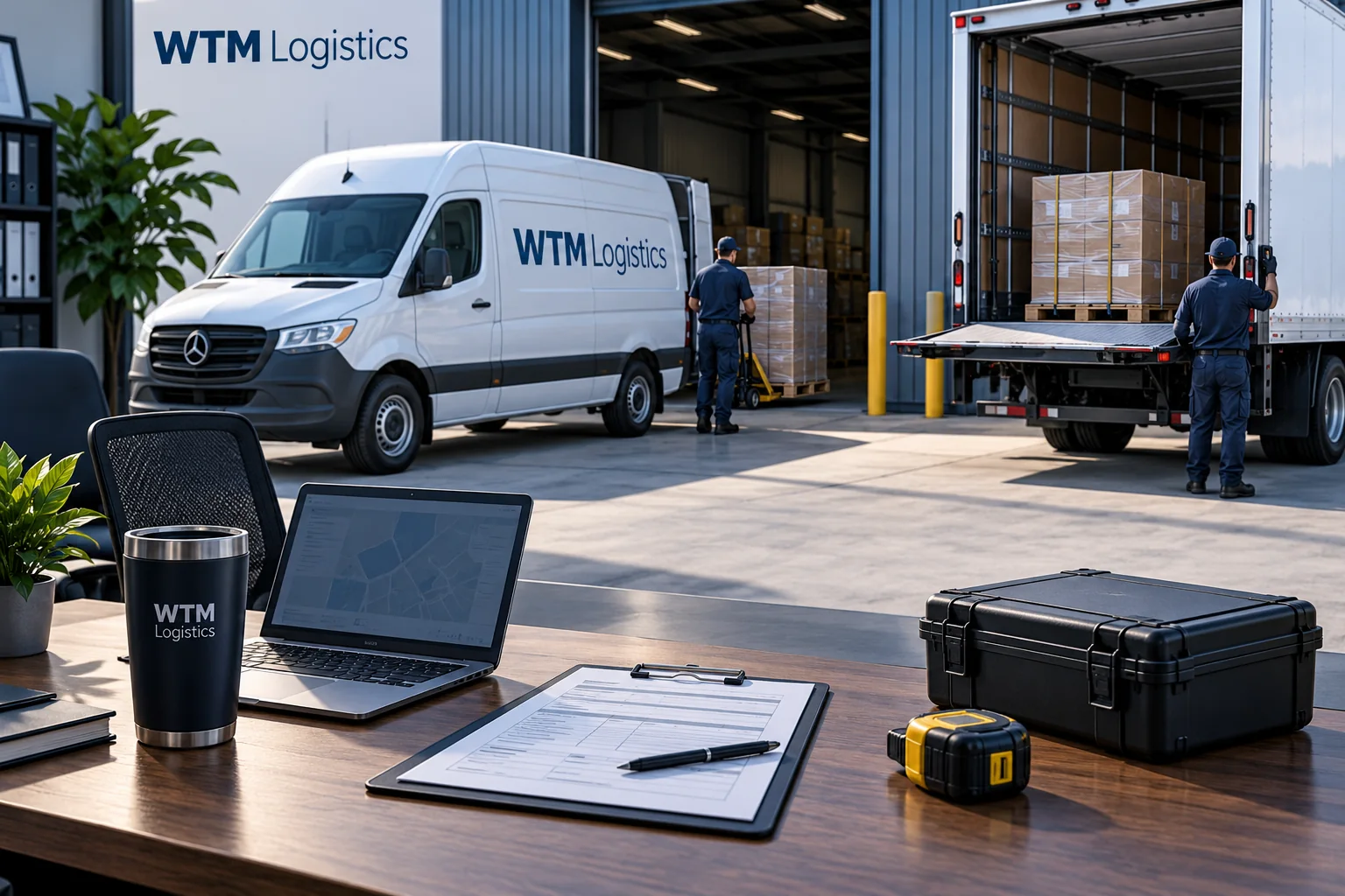 Shipment planning paperwork and protective case with a WTM cargo van at a pickup bay.