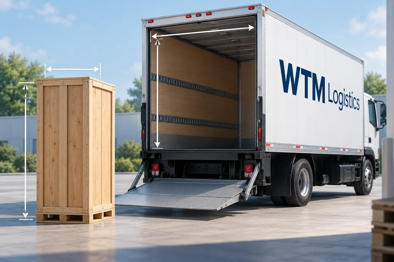 Tall upright crate and truck door opening with measurement arrows for clearance planning.