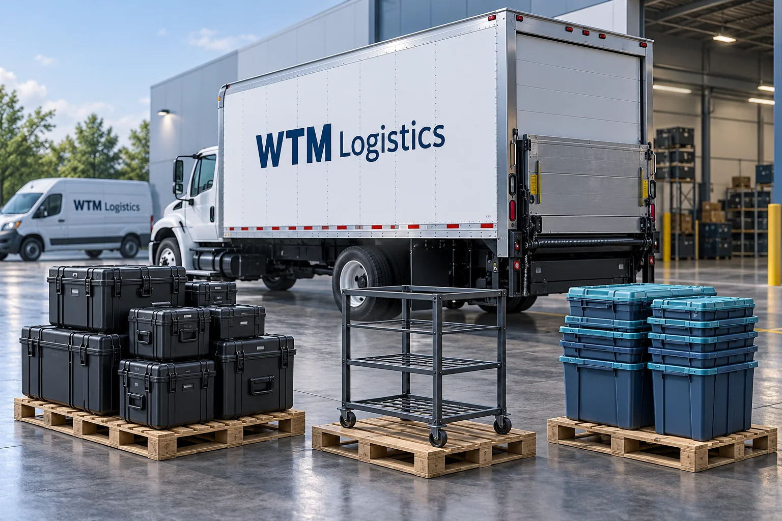 Reusable shipping cases, an empty rack and totes staged beside a WTM enclosed truck.