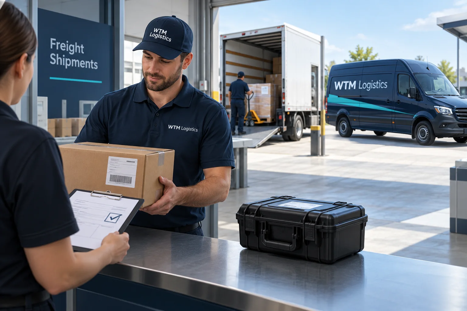 Released parcel and protective case at a freight counter with a WTM van waiting outside.