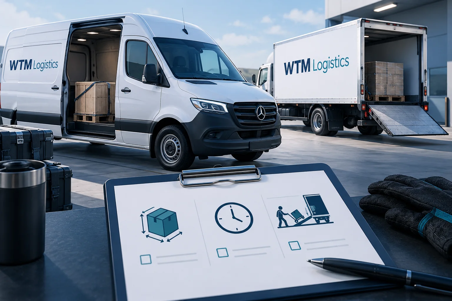 Hotshot checklist for dimensions, timing and handling beside a WTM enclosed cargo van.