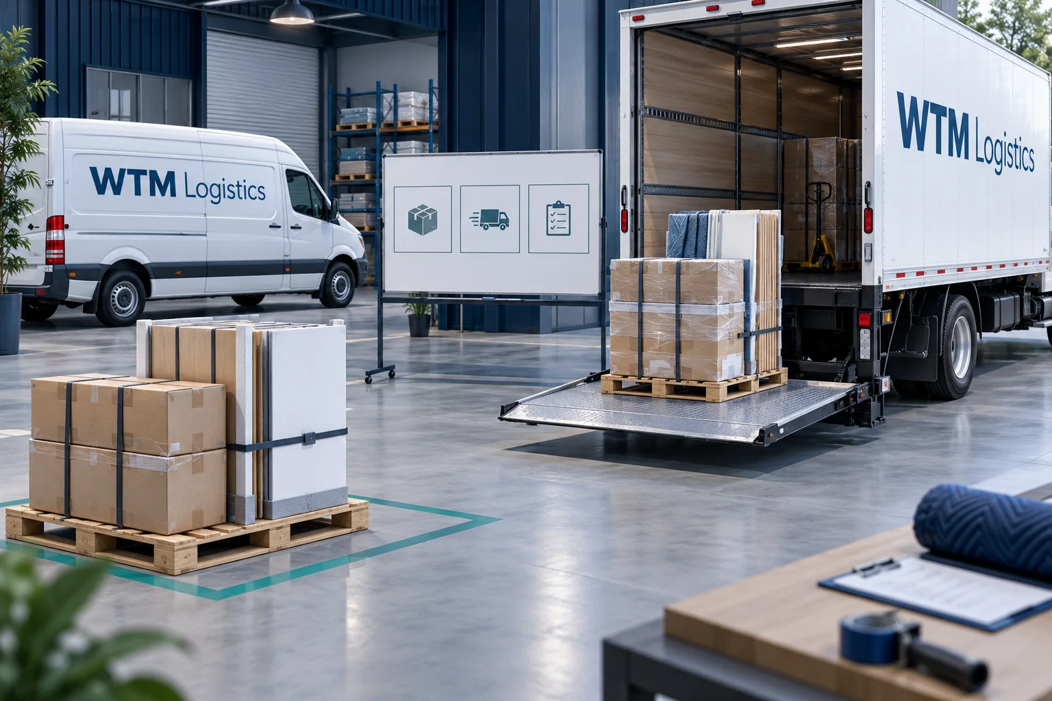 Separate pallets of protected fit-out materials staged for delivery beside a WTM truck.