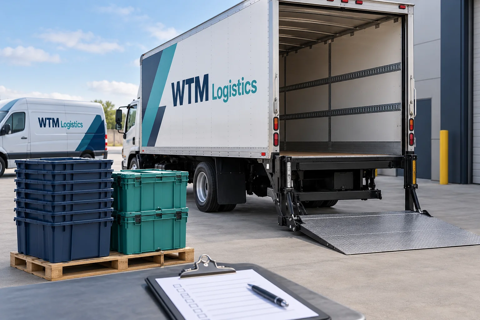 Nested reusable totes and crates on a pallet beside a WTM tailgate straight truck.