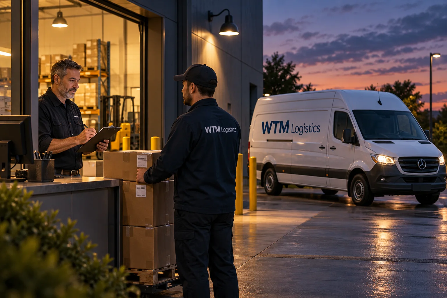 Supplier checking paperwork for an evening carton collection by a WTM cargo van.