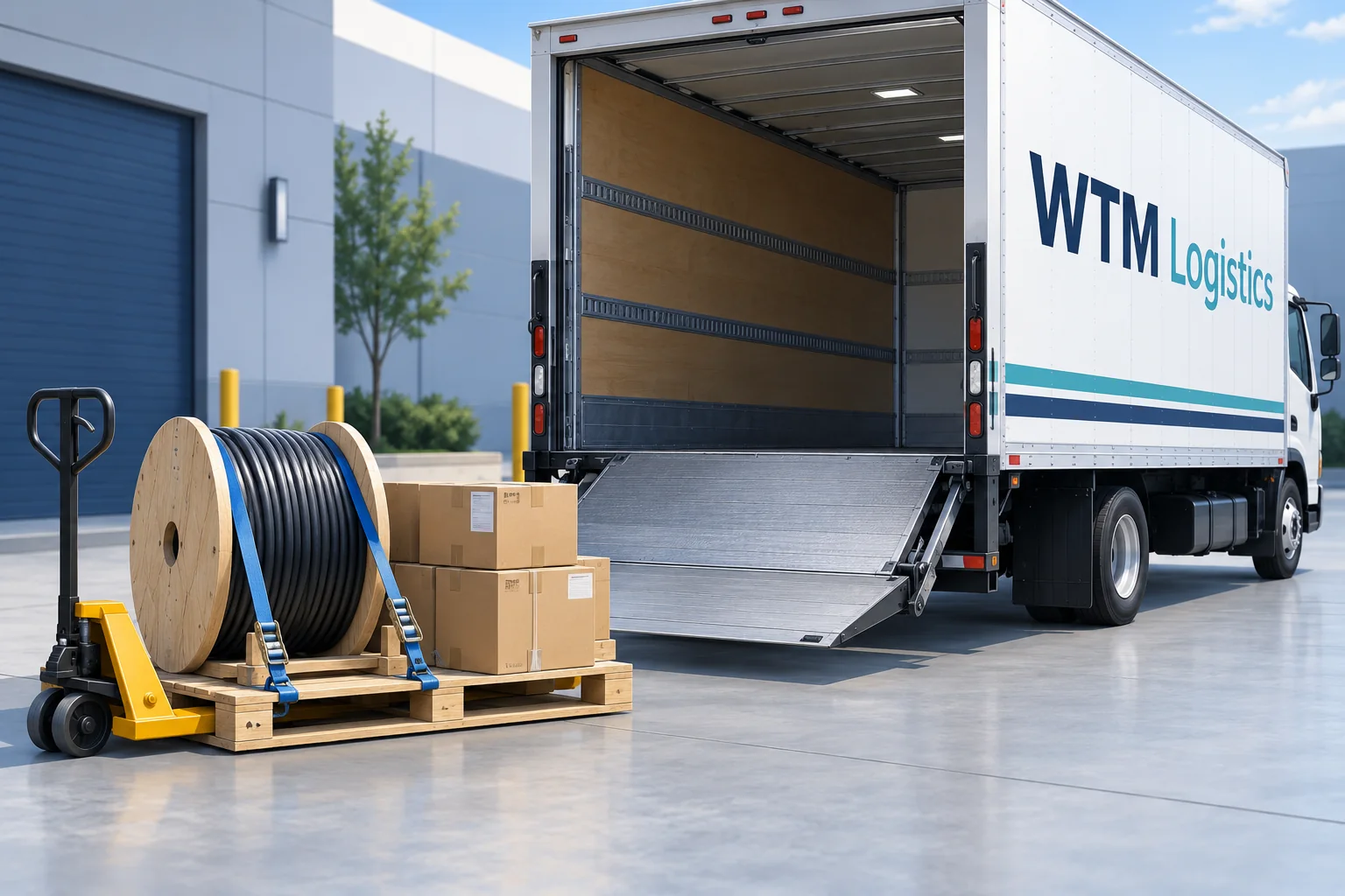 Chocked and strapped cable reel with boxed supplies beside a WTM enclosed tailgate truck.