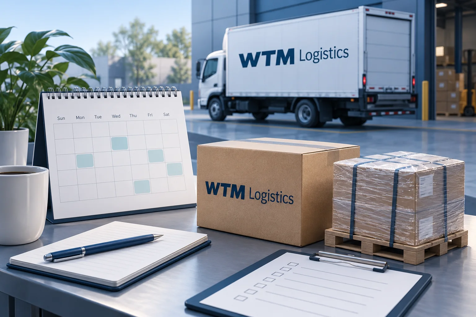 Flexible shipping calendar beside a carton and wrapped pallet with a WTM truck behind.