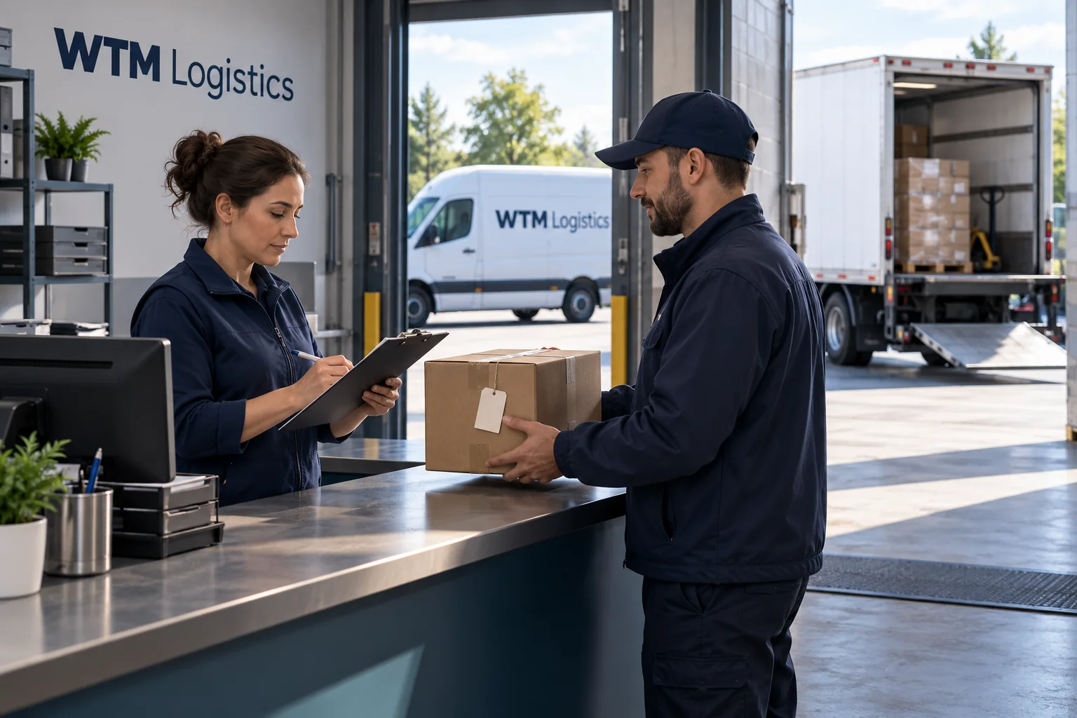 Depot worker checking release paperwork for a parcel handoff with a WTM van outside.