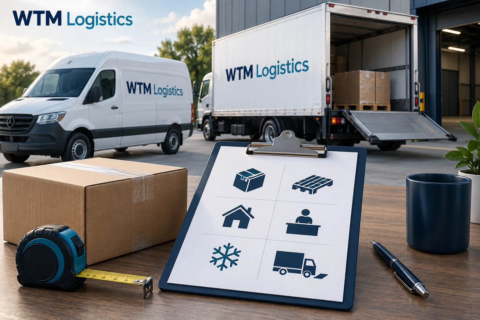 Shipping quote checklist with six shipment icons, a carton and WTM delivery vehicles.