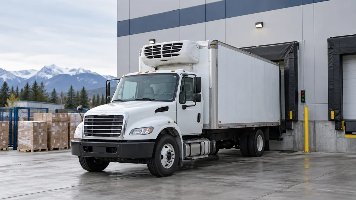 Illustration of a refrigerated box truck at a commercial loading dock